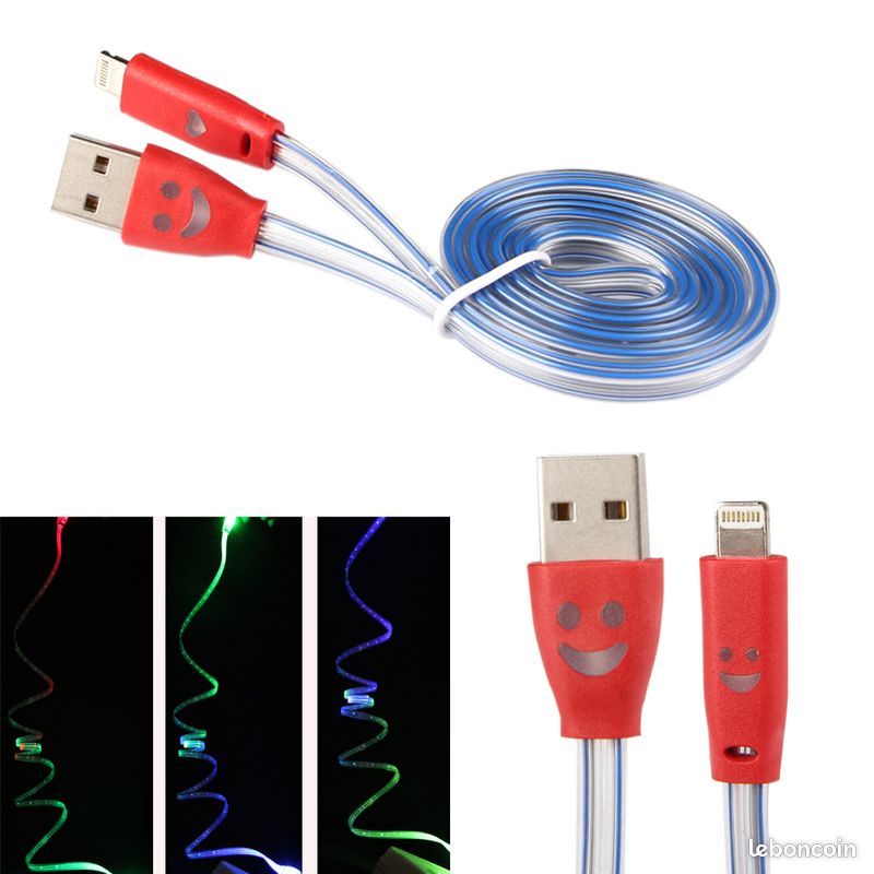 LOT DE 3 Câble USB LED SOURIRE ROUGE OU AU CHOIX pour iPhone 12 11 Pro XS Max XR X 8 7 6s 6 (image 3)