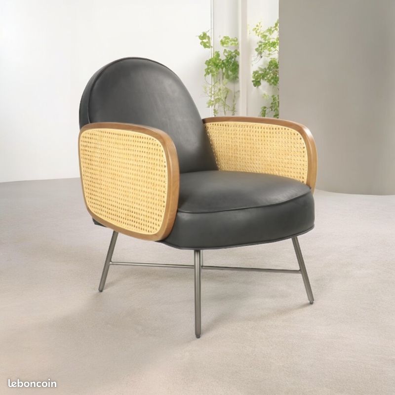 Fauteuil Club en cuir Noir et Côté en Cannage - Decoduweb (image 1)