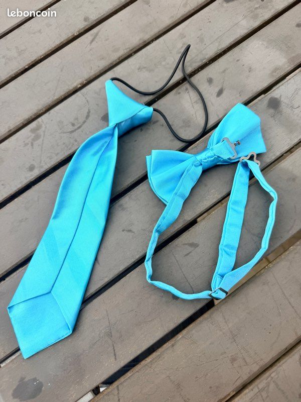Cravate enfant et noeud papillon adulte assortis réglable bleus turquoise (image 3)