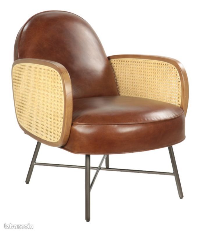 Fauteuil Club Design en cuir Marron et Côté en Cannage - Decoduweb (image 4)
