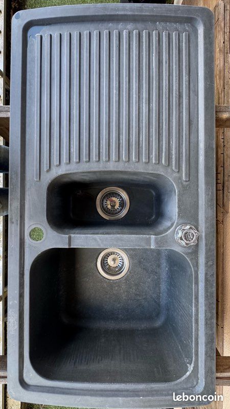 Évier à encastrer en résine gris 1,5 bac avec égouttoir sans robinetterie (image 2)