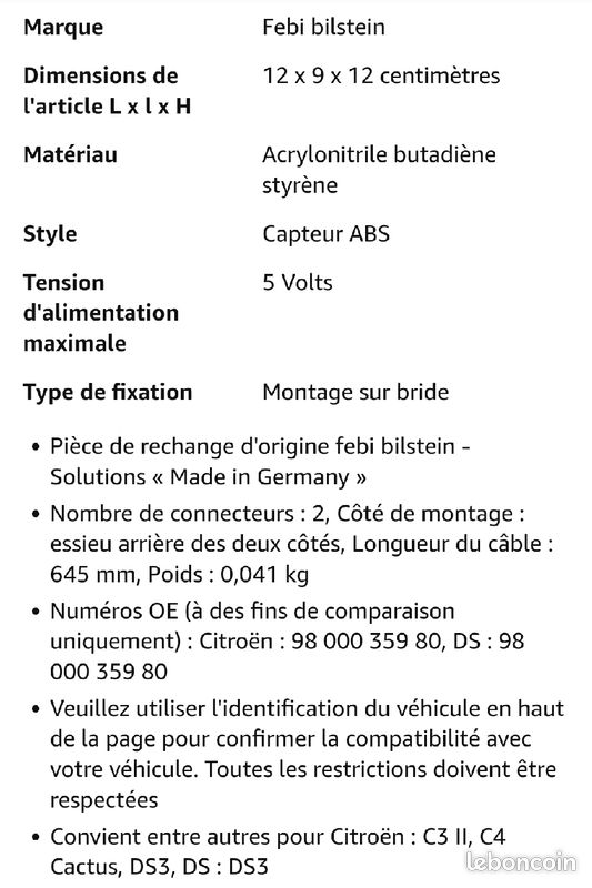 Sensore ABS Febi Bilstein 107335 - Per Citroën C3, C4, DS3 - Foto 10