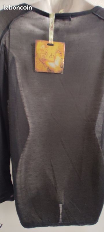 Haut Femme Noir Texturé Habillé - Taille L, Manches Ballon, Matière Stretch, Neuf Avec étiquette