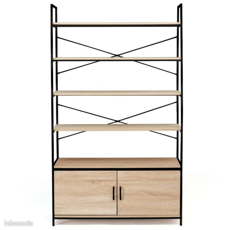 Étagère Bibliothèque XL 5 Niveaux avec Placard – Design Industriel Bois et Métal Noir – Hauteur 170 cm (image 3)