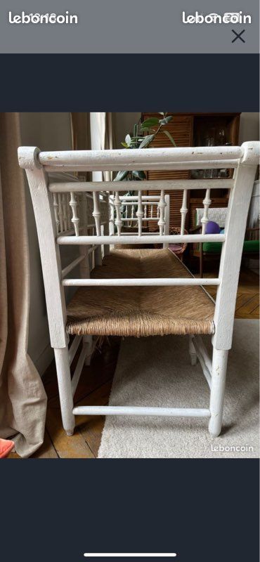 Banc vintage bois et rotin blanc (image 5)