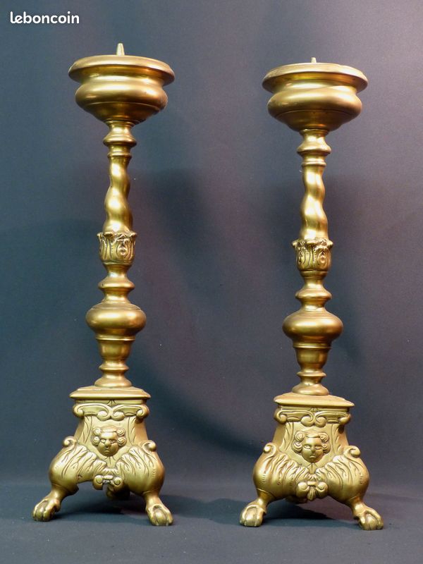1890 paire grands bougeoirs candélabres pique-cierge 52cm6kg bronze doré église (image 2)