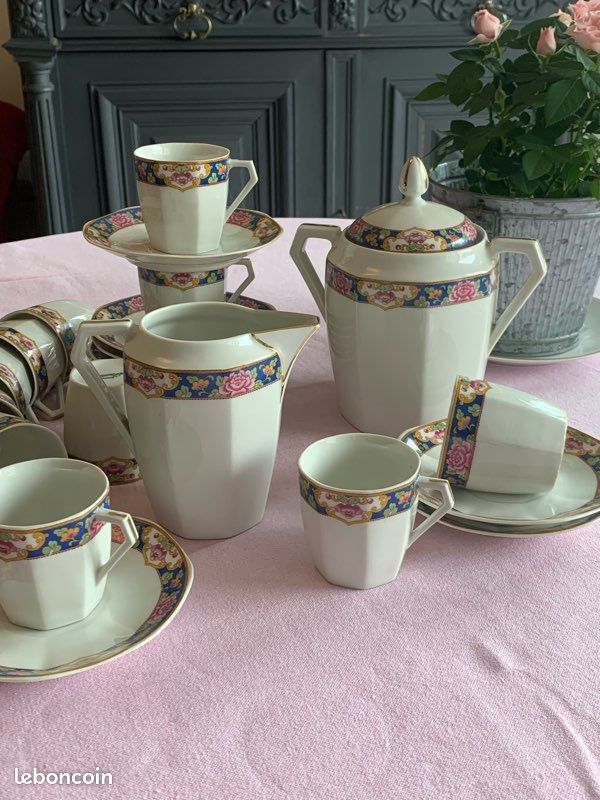 Service 10 tasses café thé Limoges DARTIGEAS blanc or Art déco