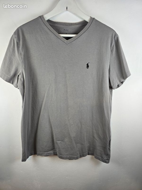 T-shirt Homme Debenhams Gris Rayé Col V Taille L Manches Courtes 100% Coton