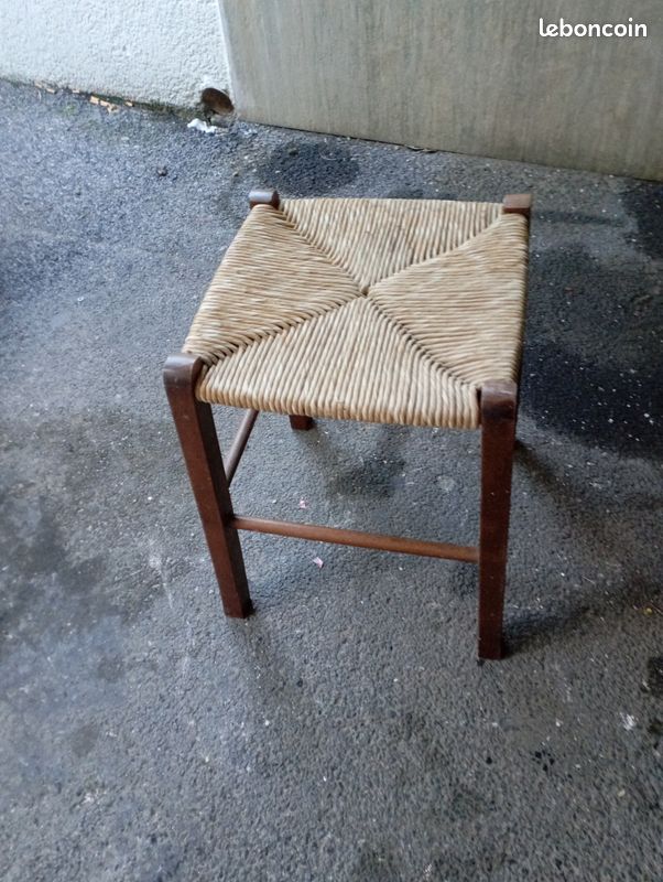 Tabouret vintage chêne hêtre rotin (image 1)