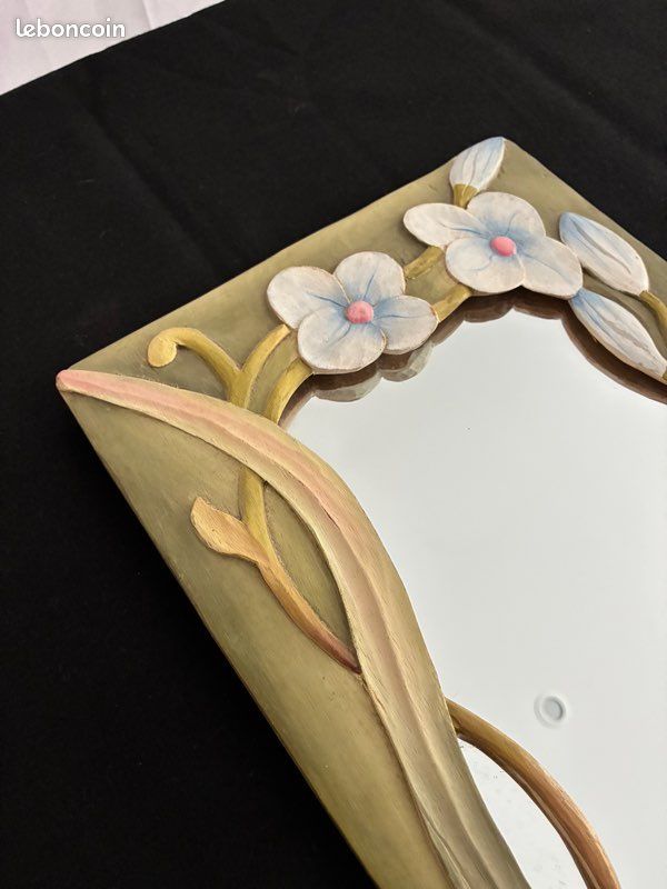 Miroir vintage en bois sculpté oiseau et fleurs (image 5)