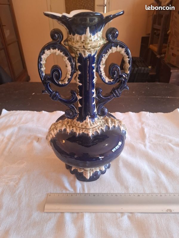Vase Ancien Barbotine Bleu Cobalt & Email Relief - 35cm (image 10)