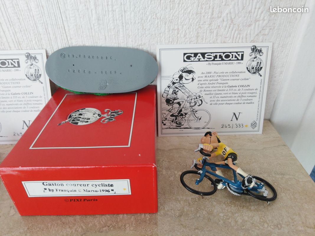 Figurine Pixi - Franquin - Gaston Cycliste - Maillot Pois Rouge & Vélo Jaune