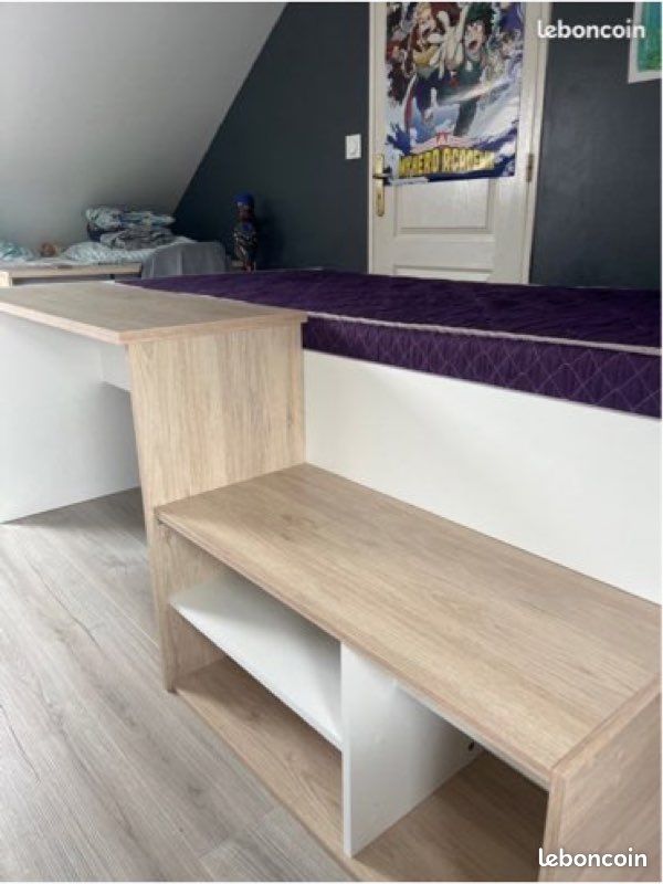 Lit 1 place + matelas avec bureau intégrée et rangement (image 4)