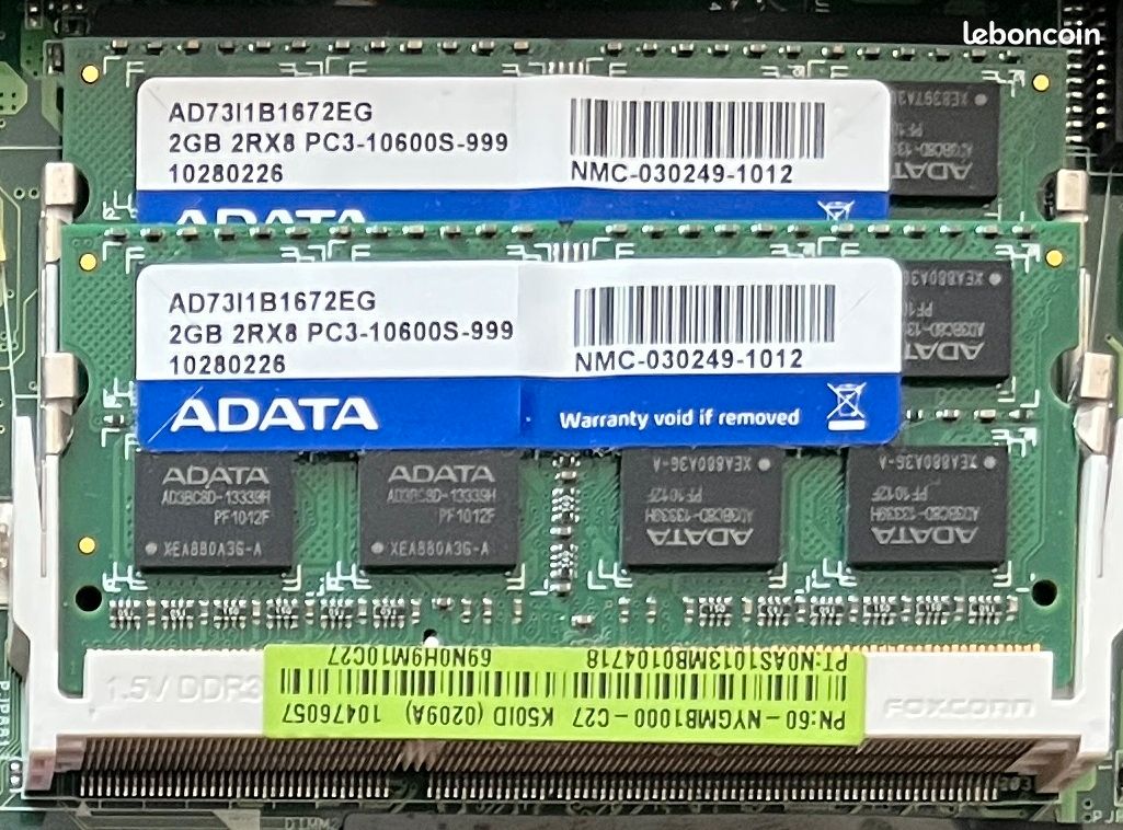Barrettes RAM SO-DIMM 2x2 Go, DDR3-1333 MHz ADATA AD73/1B1672EG , PC3-10600S, CL9, 2Rx8 (image 1)