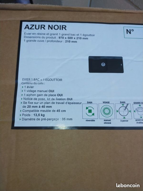Évier Granit AZUR 1GB1E l.97x50 Noir neuf val.200e (image 6)