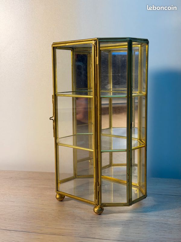 Vitrine Hexagonale En Verre Et Laiton Ancienne - Boîte à Bijoux Vintage - Occasion