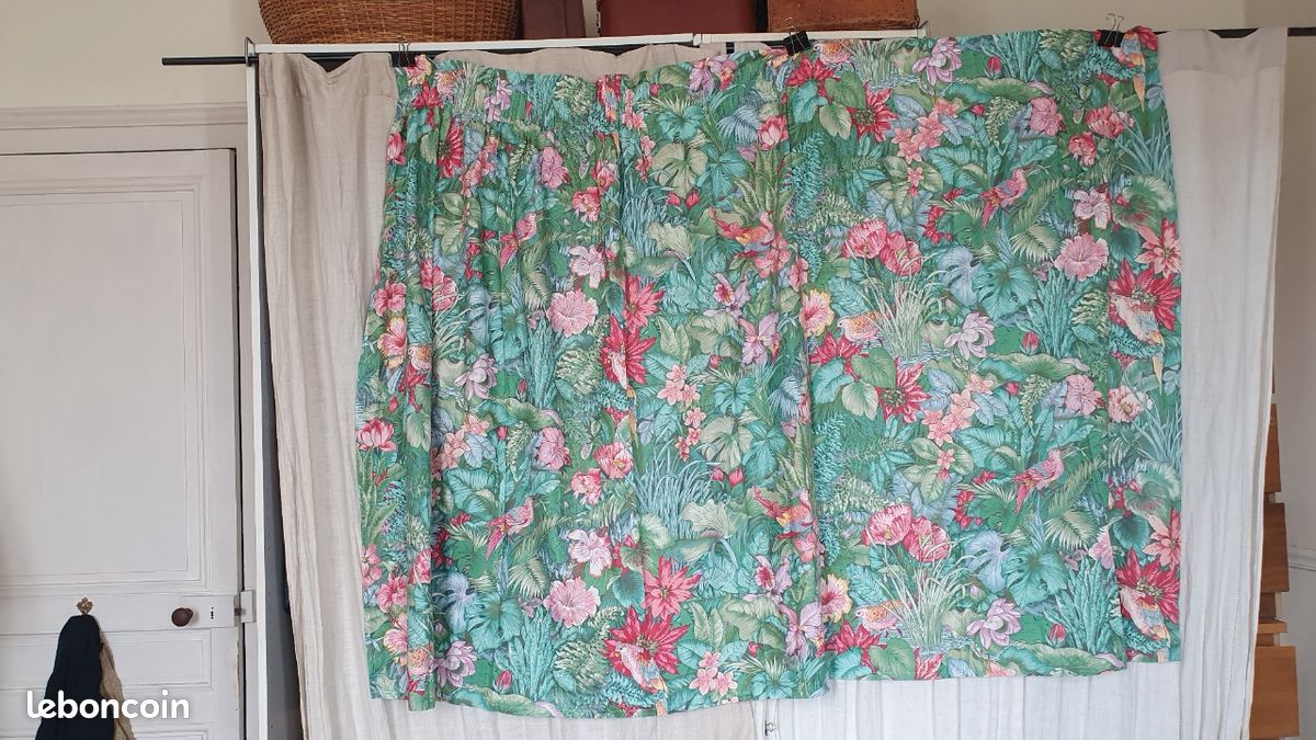 Lot De 8 Rideaux Vintage Plissés Pincés – Vert Fleuri Rétro Années 60, Rares, Longueurs 74" Et 47"