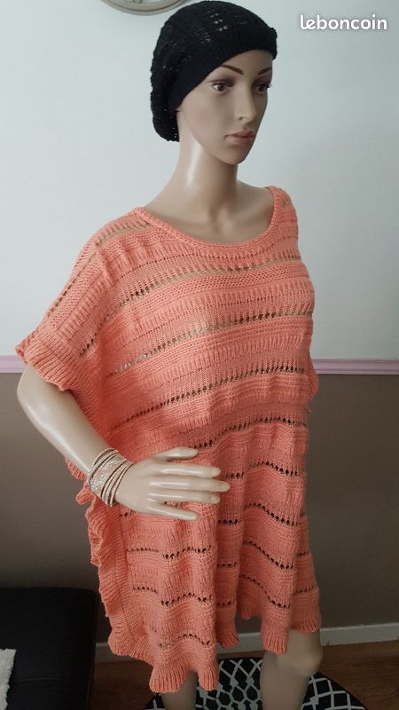 Long pull tunique corail / saumon ajouré taille 46 (image 2)