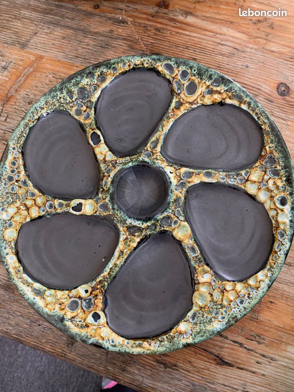 Lot De 2 Assiettes à Huîtres Vintage - Céramique Marron Avec Emplacement Pour Citron