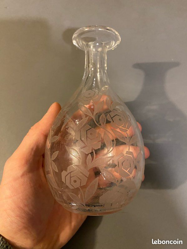Ancienne petite carafe verre, cristal? Motif floral géométrique art déco vintage (image 5)
