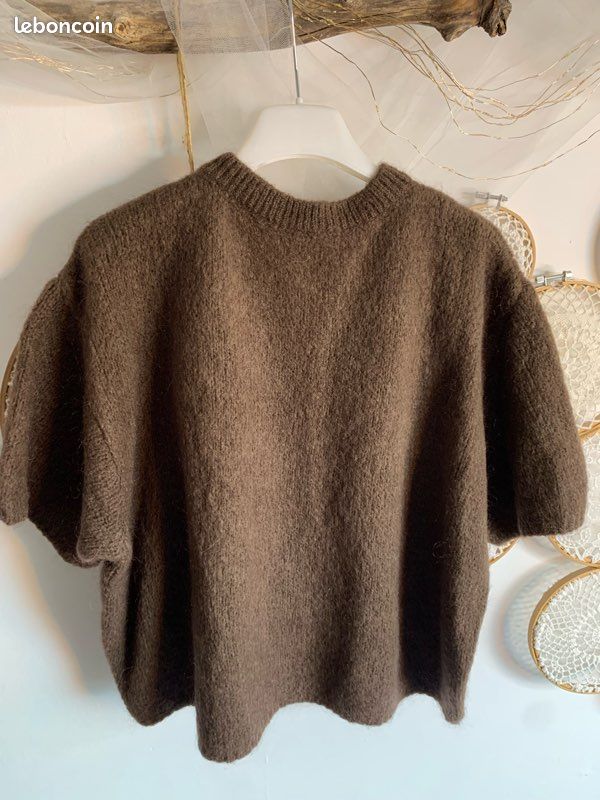 Cardigan Beige à Manches Courtes Avec Ceinture - Marque Misook, Taille M, Maille à Motif Floral, Neuf étiqueté