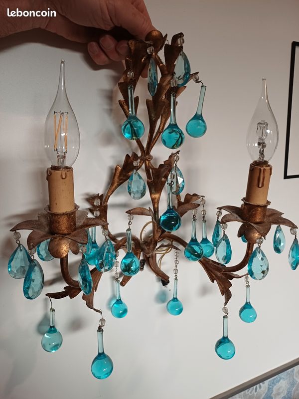 Superbe applique/luminaire/ lustre à gouttes en cristal turquoise forme perles et pampilles turqoise (image 2)