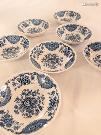 Lot De 12 Assiettes à Lunch Anciennes En Porcelaine Anglaise Minton - Bleu Et Crème, Vers 1900