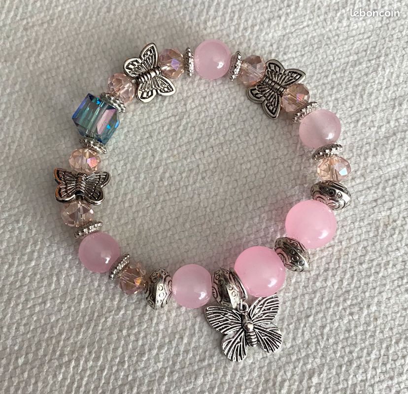 Bracelet Rose Verre, Cristal Papillons