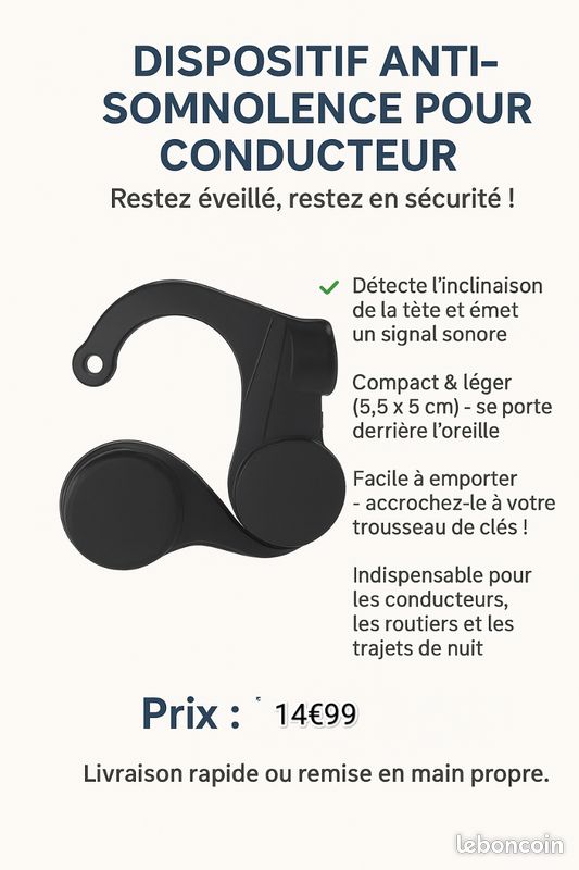 Alarme Anti-Sommeil Conducteur - Détection Inclinaison Tête, Alerte Sonore, Pour Éviter Endormissement