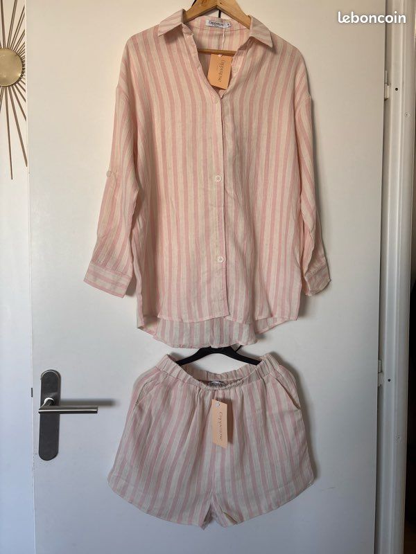 Ensemble chemise short écru et rose dragée S/M (image 1)
