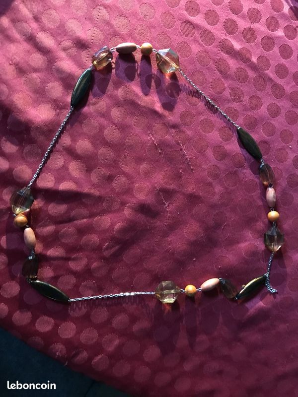 Collier chaine argentée + perles marrons et orange (image 2)