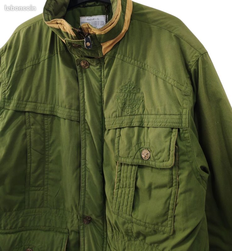 Manteau de ski vert matelassée vintage col doublé jaune, multiples poches taille L (image 3)