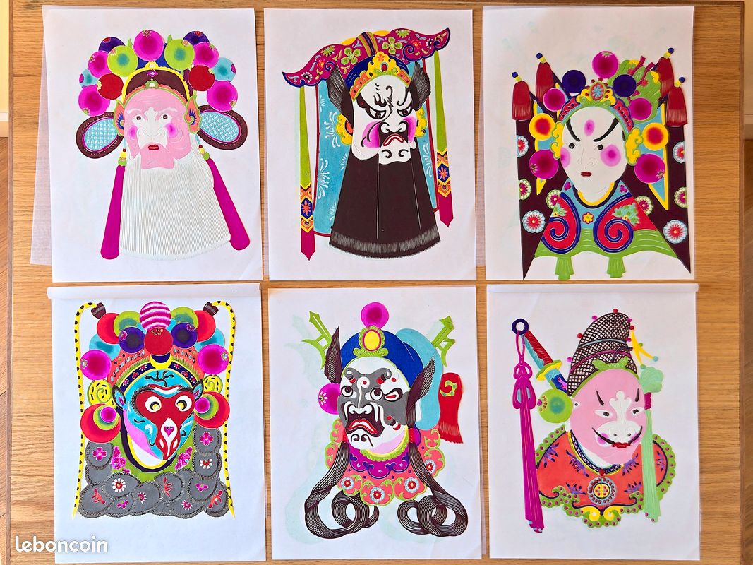 Lot de 6 papiers découpés chinois - masques de l’opéra de Pékin (image 1)