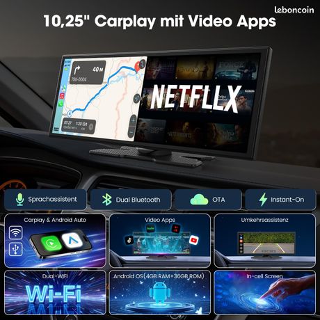 Écran CarPlay/Android Auto 10,26" Pour Voiture - WiFi, YouTube/Netflix/TikTok, GPS, Caméra Recul 1080P, Support Tableau De Bord