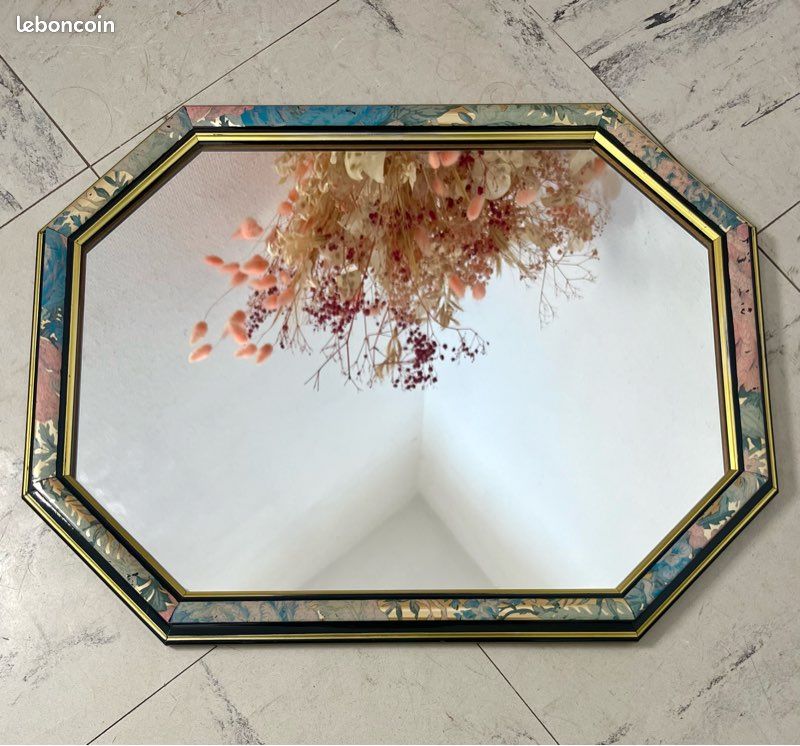 Miroir octogonal au joli décor fleuri + liseré doré, en bois, vintage et tendance (image 3)