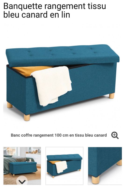 Banc coffre de rangement en tissu bleu canard 100 cm