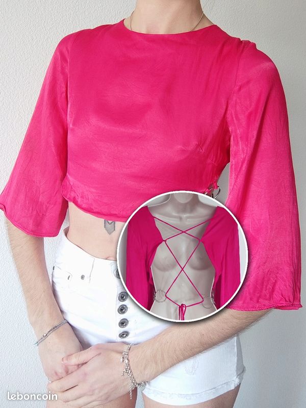 Crop-top dos nu manche ample 3/4 fuchsia Zara 36/S Vêtements