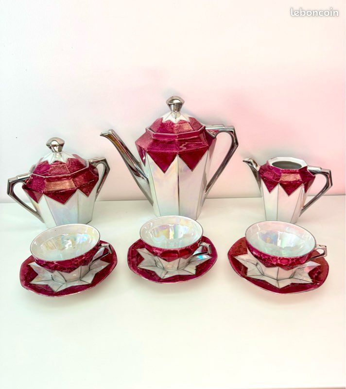 Service à Café Vierzon Porcelaine - 10 Personnes - Art Déco Floral - 17 Pièces
