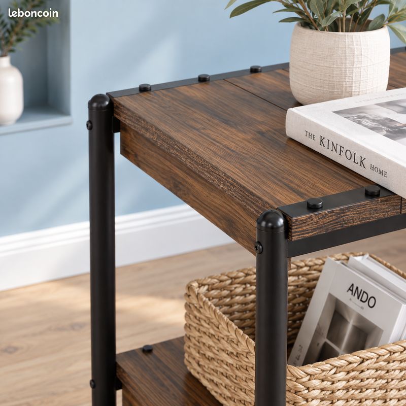 Table de Chevet Carrée Industrielle 2 Niveaux Bout de Canapé Table d'Appoint Effet Bois Vieilli Métal Noir 50 cm Rustique Campagne Chambre Salon (image 5)