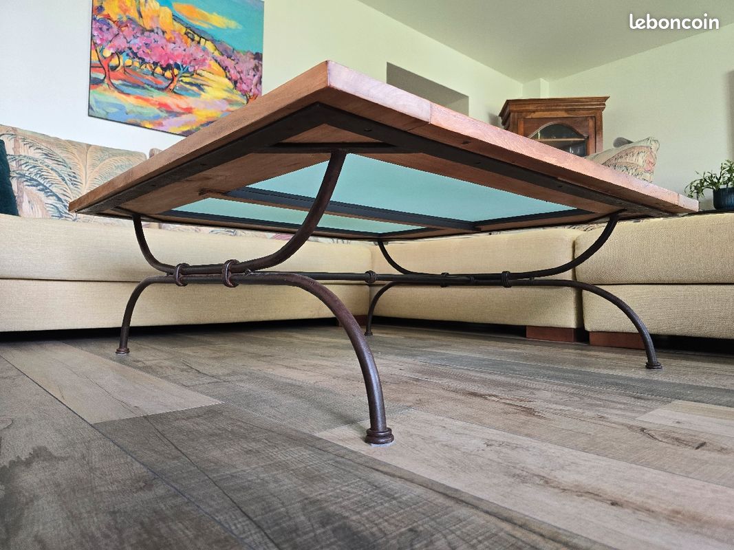 Table basse fer forgé plateau de verre et bois massif (image 2)