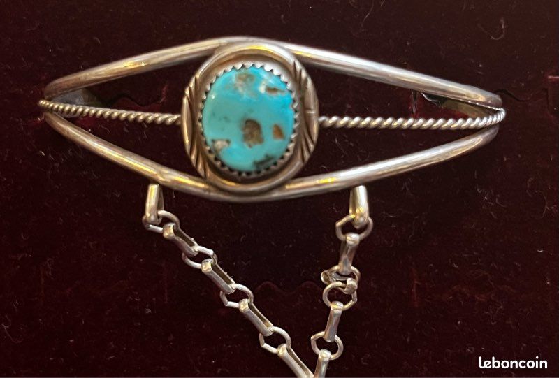 Bracelet Navajo En Argent Et Turquoise - Occasion - Bijou Artisanal Argenté