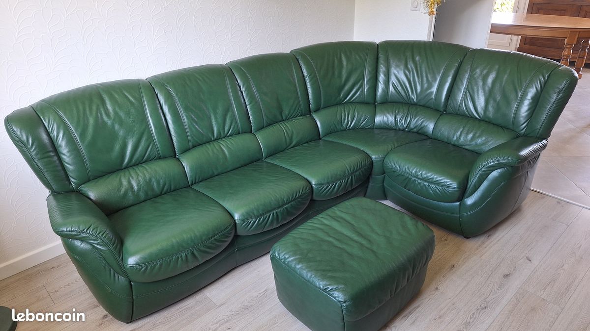 Canapé d'angle cuir + pouf (image 1)