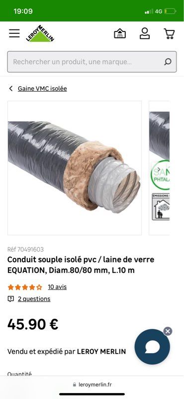 Conduit souple isolé pvc / laine de verre EQUATION, Diam. 80/80 mm, L. 6 m