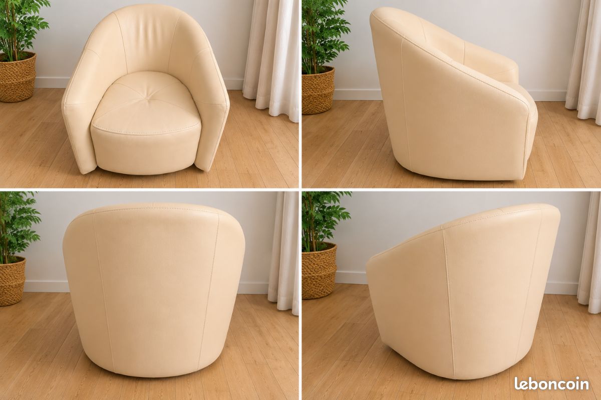 Fauteuil club / crapaud en cuir beige-crème – Très bon état (image 2)