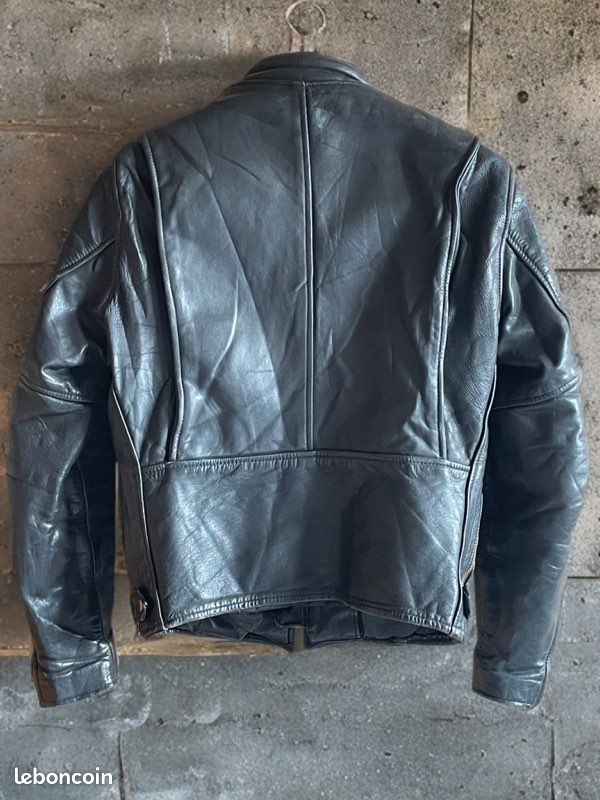 Blouson Café Racer Cuir Noir Reed Sportswear Vintage Années 80 - Taille L/XL, Très Bon état