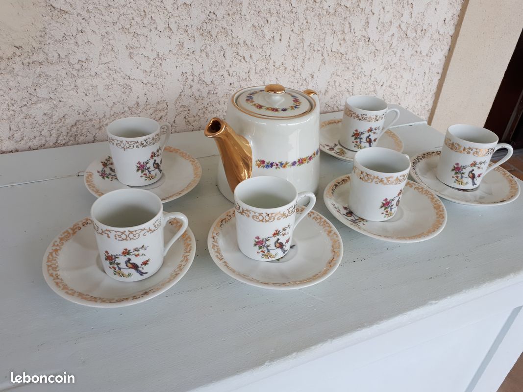 Service à Café Pillivuyt Oiseaux De Paradis – Porcelaine Fine, Doré (années 50)
