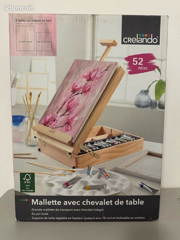 Mallette De Peinture Complète 51 Pièces Avec Chevalet De Table En Bois Et 2 Toiles - Kit Peinture Acrylique Pour Artistes