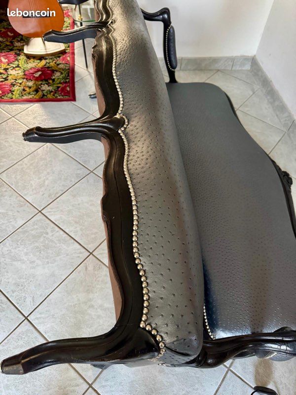 Banquette Banc en Bois Feuille Argent Style Luigi XV Cuir