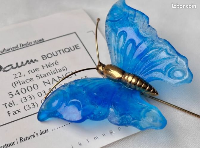 Broche Papillon DAUM En Pâte De Verre Bleu/Vert - Occasion Très Bon Etat - Modèle Feuille De Ginkgo
