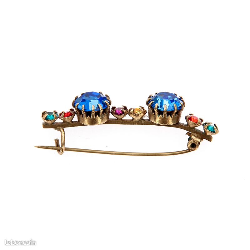 Grande Broche Vintage 1925 - Cristaux Multicolores - Bijou Ancien "dans Son Jus"